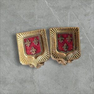 Vintage Fleur-De-Lis Red & Gold Clip-On Earrings Shield Motif Retro Jewelry